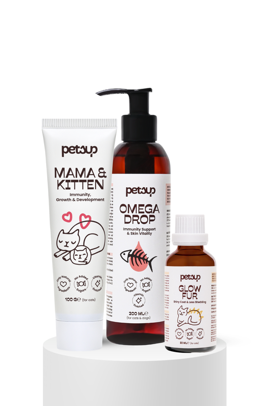 Anne & Yavru Kediler İçin Tüy Yumağı Karşıtı Set | Damla + Malt Macun + Omega Drop Tüy Güçlendirici Bakım Seti